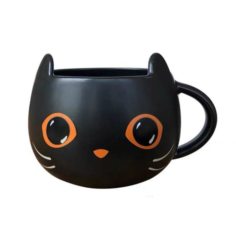 Black ceramic cat shape mug with pumpkin spoon couple decoration and 355ml capacity