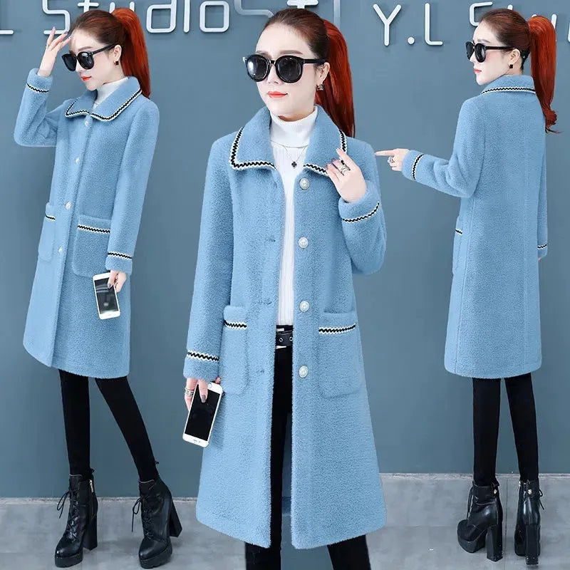 Women's mid-length faux mink fleece coat in blue or white, straight cut, sizes M to XXXXL, polyester