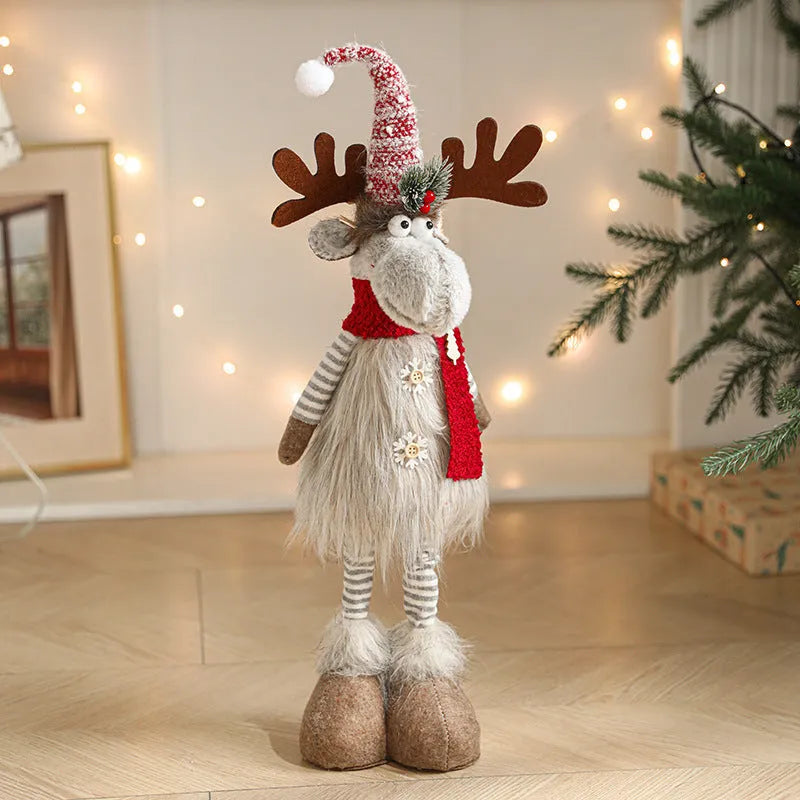 Cartoon plush elk decoration with retractable design in grey sled elk style, made from soft cloth for Christmas home décor.