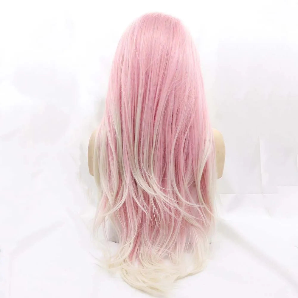 A pink gradient fashion wig with big, fluffy waves, made from high temperature wire.