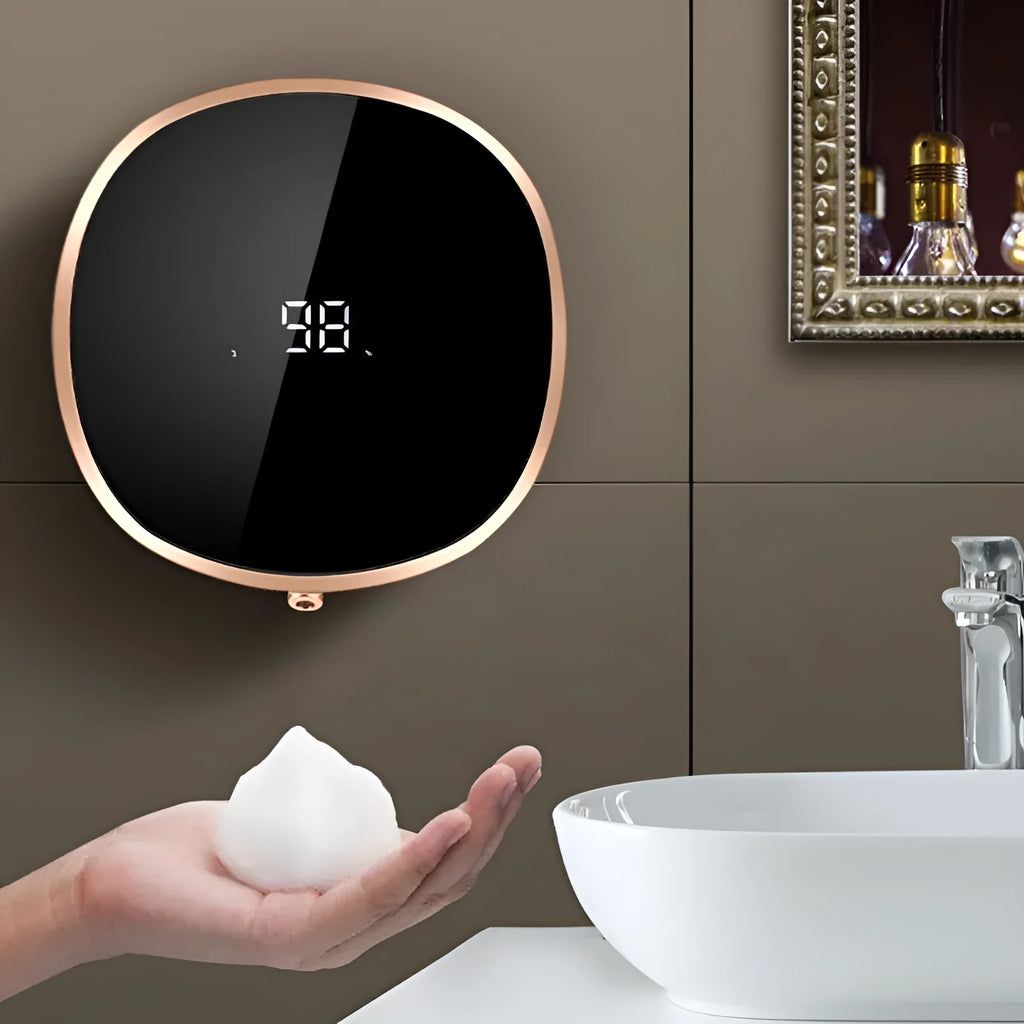 White automatic soap dispenser with infrared sensor and USB charging port on countertop