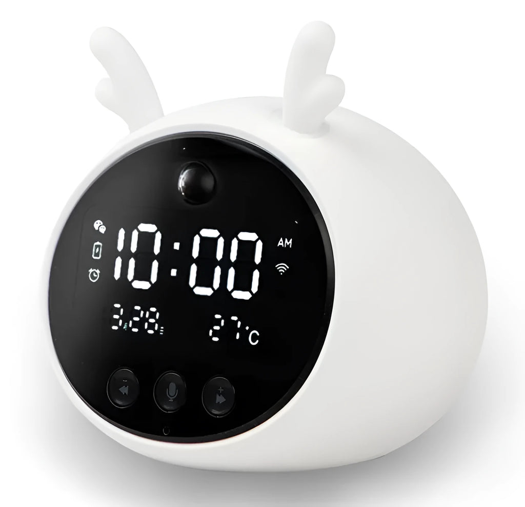Smart alarm clock with silicone shell, luminous display, and power cord, shown in various style options.