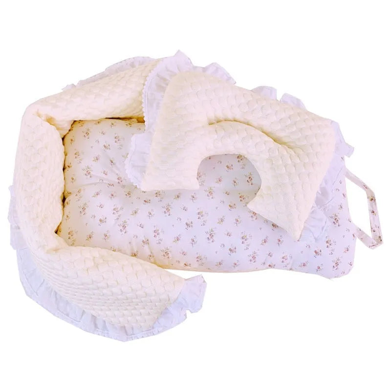 Pure cotton pet stroller set with anti-dirty towel, cushion, and pillow in a floral colour pattern.