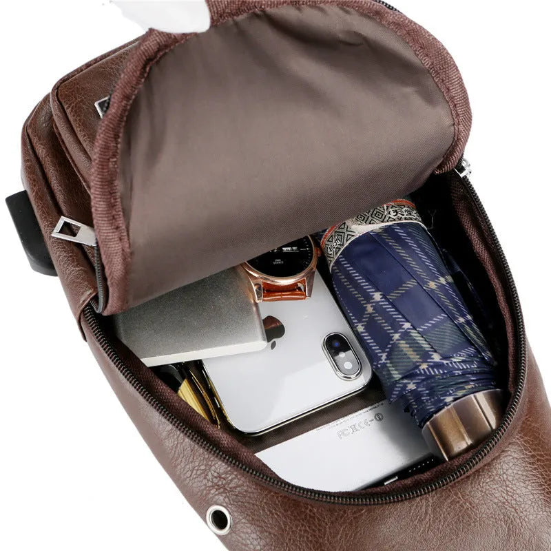 USB portable charging chest bag messenger bag small PU leather black with hardware slider front pocket
