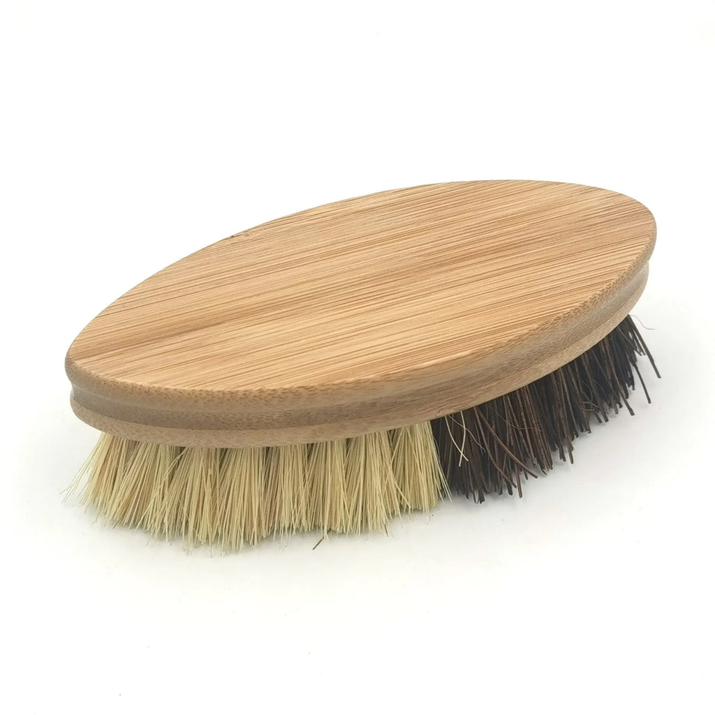 Bamboo vegetable brush with two-tone painted finish and oval shape for cleaning fruit and vegetables