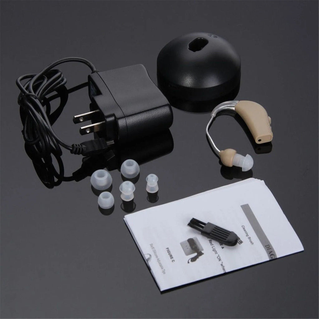 Rechargeable behind-the-ear digital hearing aid amplifier with plastic housing and Mini ear design.