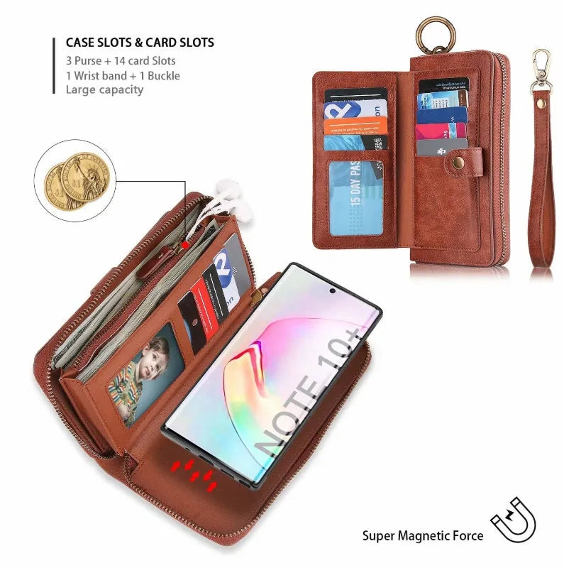 Black PU leather phone wallet case with a zipper, shown next to a credit card.