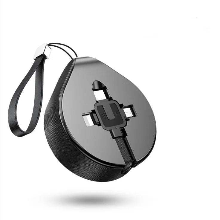 Black telescopic 3-in-1 fast charging cable extended to 1m with Micro USB, USB-C, and Lightning connectors