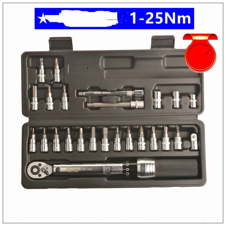 1/4 inch preset torque wrench 1-25Nm with hex Torx slotted cross bits, 100mm extension rod, 3/8 adapter, and sleeves.