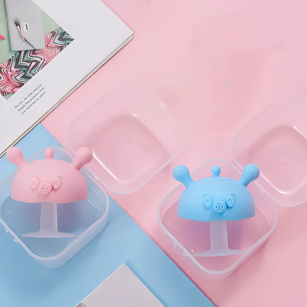 Liquid silicone baby teether for infants over 6 months, single pack, pink or blue colour options