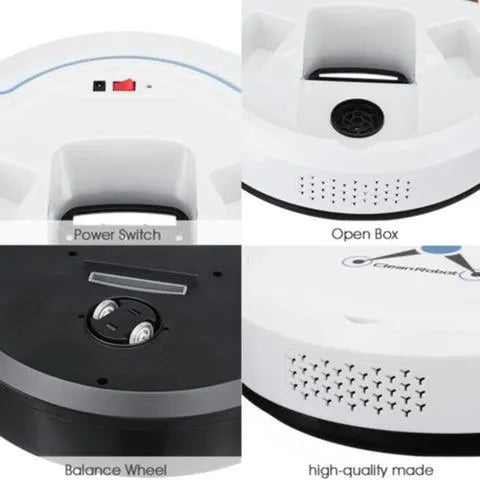 Smart robot vacuum cleaner in black on a hard floor, 22.8 x 22.8 x 7 cm, with ABS body and USB charging cable