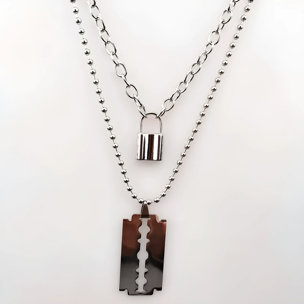 Layered chains punk necklace in alloy and titanium steel with electroplated finish in picture colour, Blade style option.