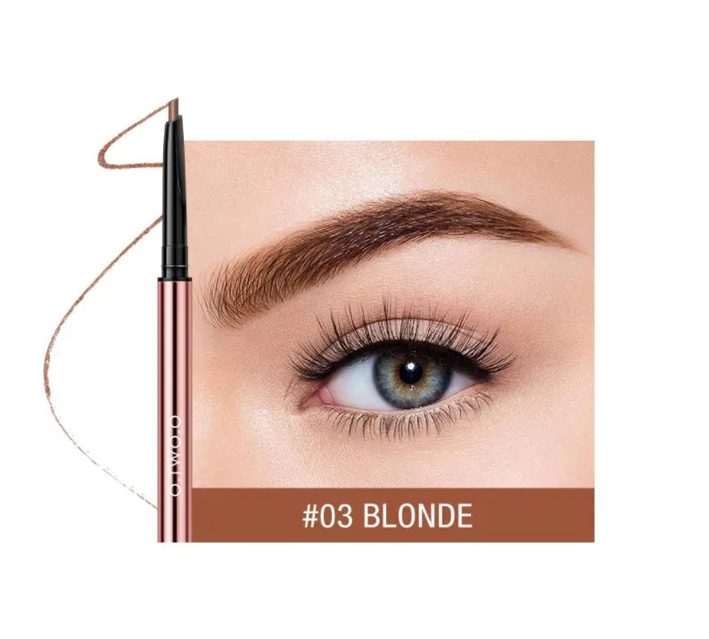 A 15.5 cm long eyebrow pencil in a colour box, available in six shades such as AUBURN and DARK BROWN.