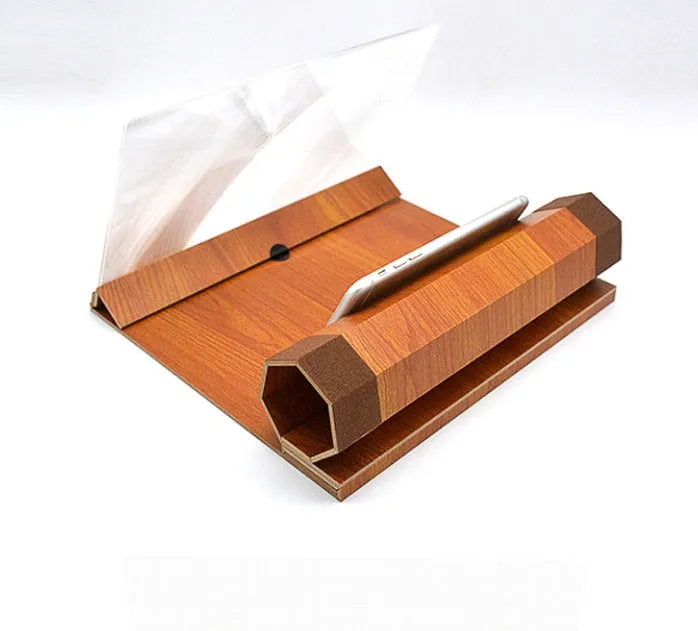 Wood grain smartphone signal amplifier measuring 25.5cm wide with black walnut finish and acrylic elements
