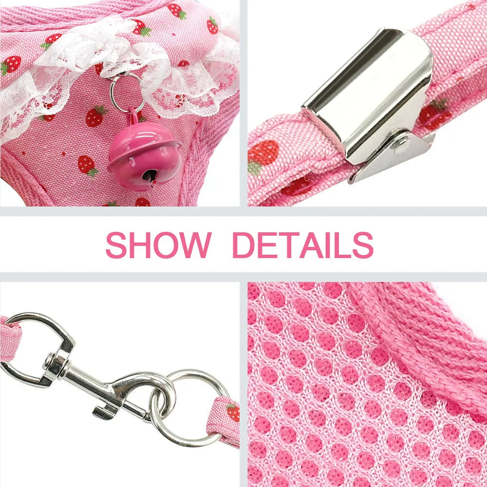 Pink bell dog chest harness in canvas and polyester mesh with 120 cm rope, sizes S to XL