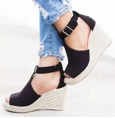 Canvas wedge sandals for women with waterproof platform, fish mouth toe, and slingback buckle in black