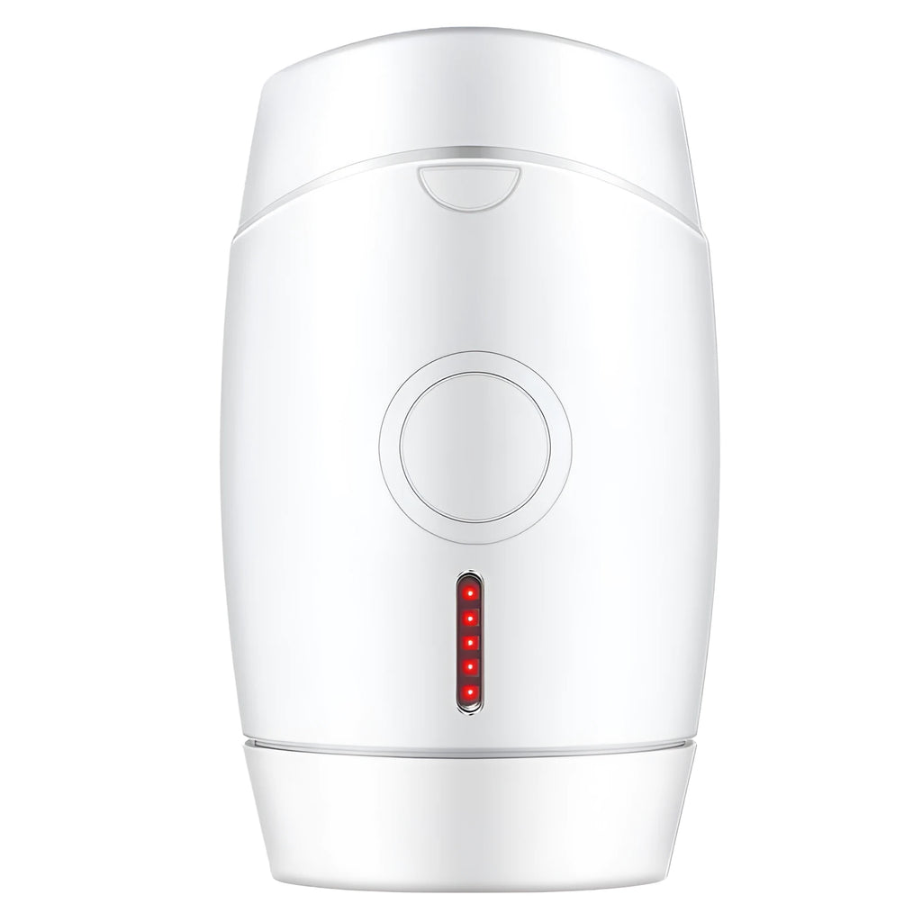 White home laser hair removal instrument with display, shown next to its power adapter and box.