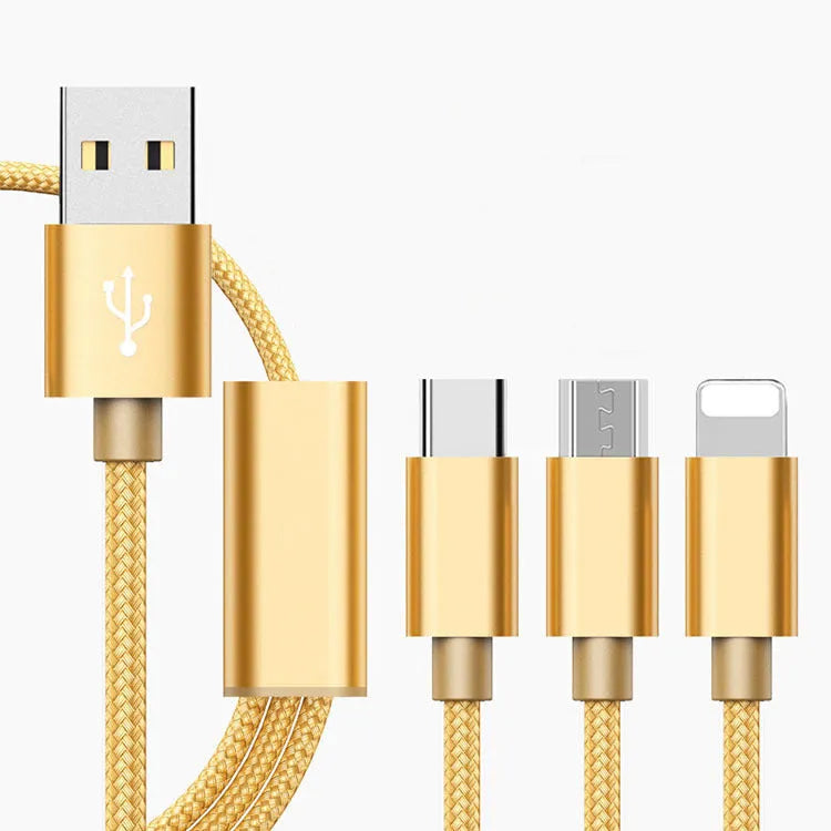 Three-in-one Micro USB charging cable for mobile phones in 1.2 metre length