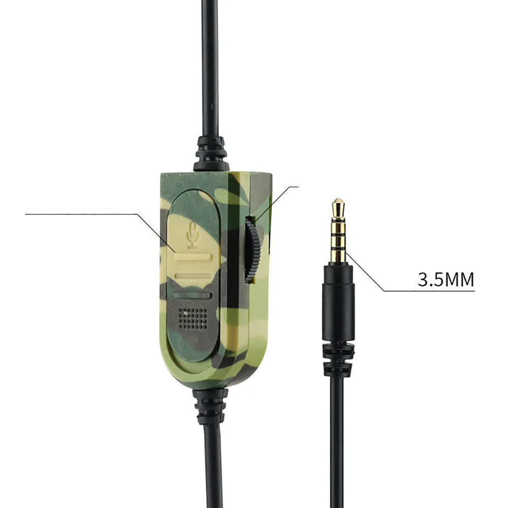 Army green camouflage wired gaming headset with over-ear cups and a bendable microphone.