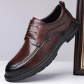 Men's brown business formal lace-up leather shoes with cowhide upper and rubber sole, round toe, low top