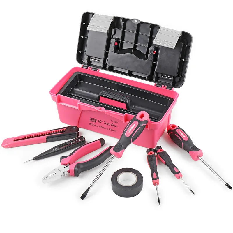 8-piece household tool kit with carbon steel screwdrivers, wire cutter, utility knife, digital test pencil, and PVC tape in a tool box