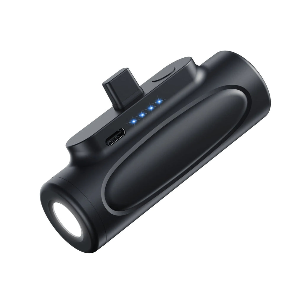 Black and pink creative power bank with integrated LED flashlight, showing Apple and USB Type-C port options.
