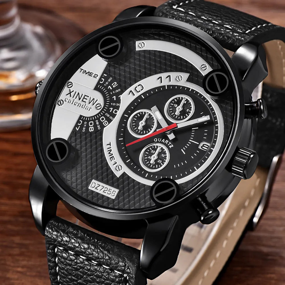 Men's big face watch with leather strap, date display, 5cm dial, 25cm strap, available in black khaki red white