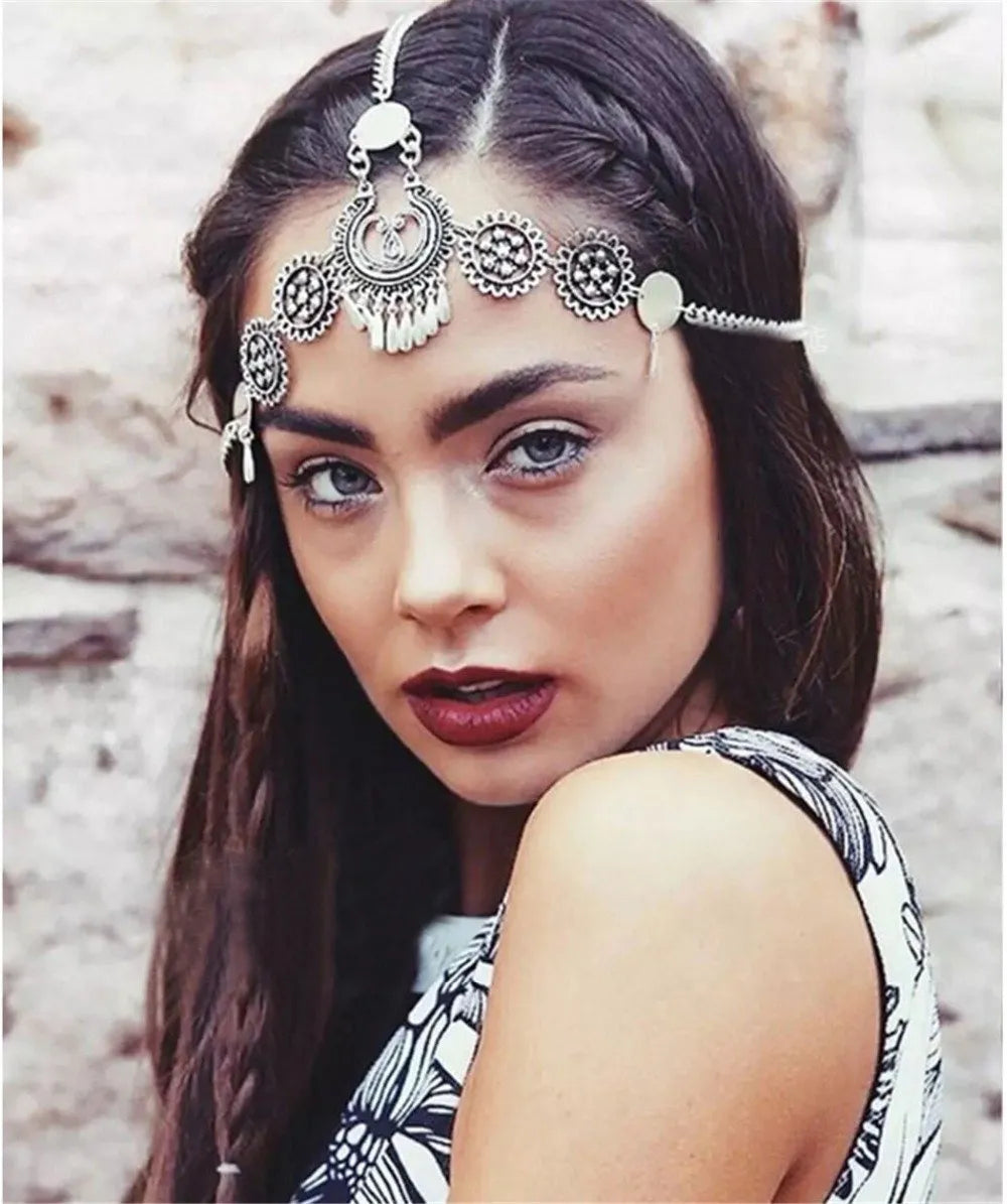 Boho headband jewellery in ancient silver finish, nickel-free alloy, lightweight metal hair accessory for festivals