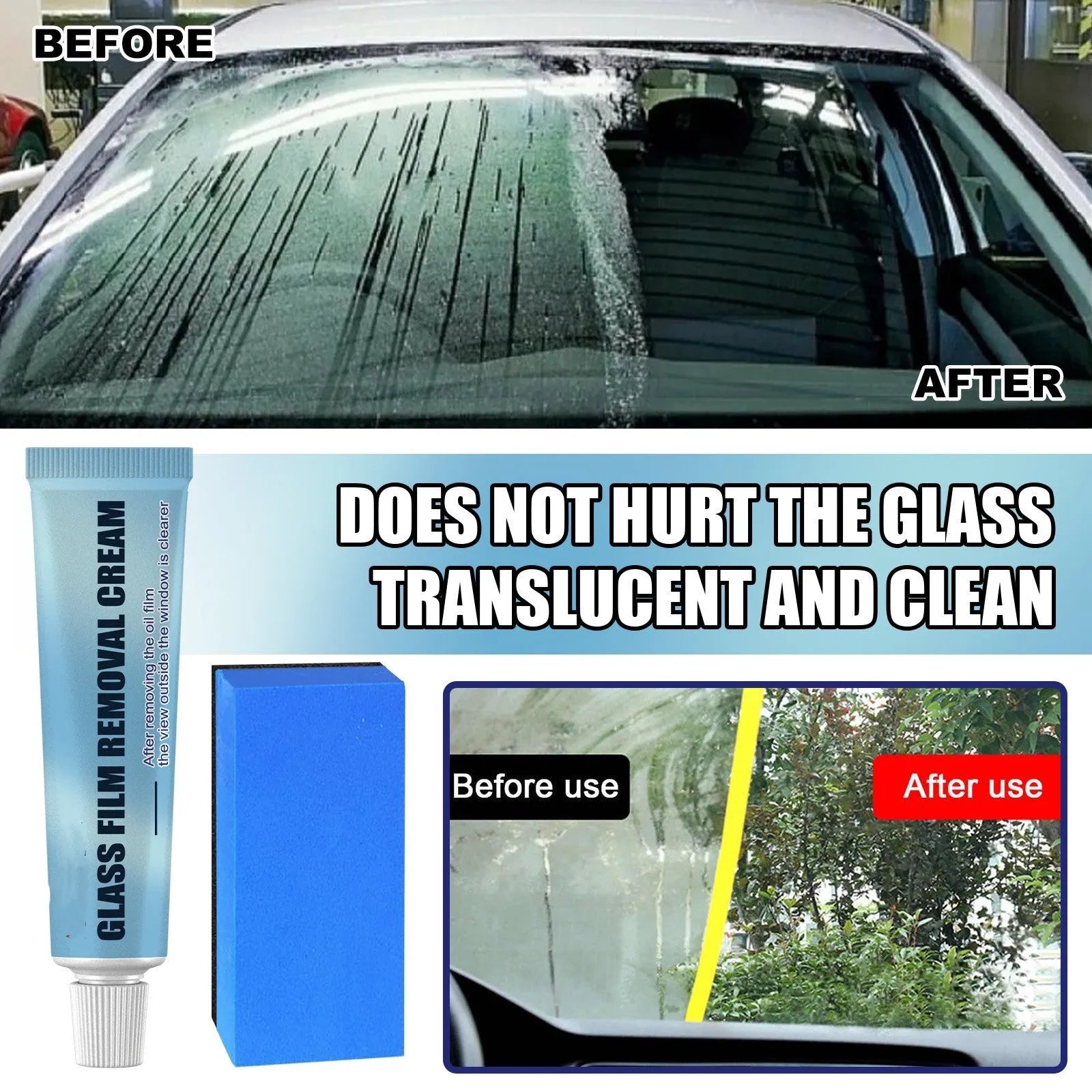 Blue car glass oil film remover bottle with a soft sponge applicator for cleaning windscreens and windows.