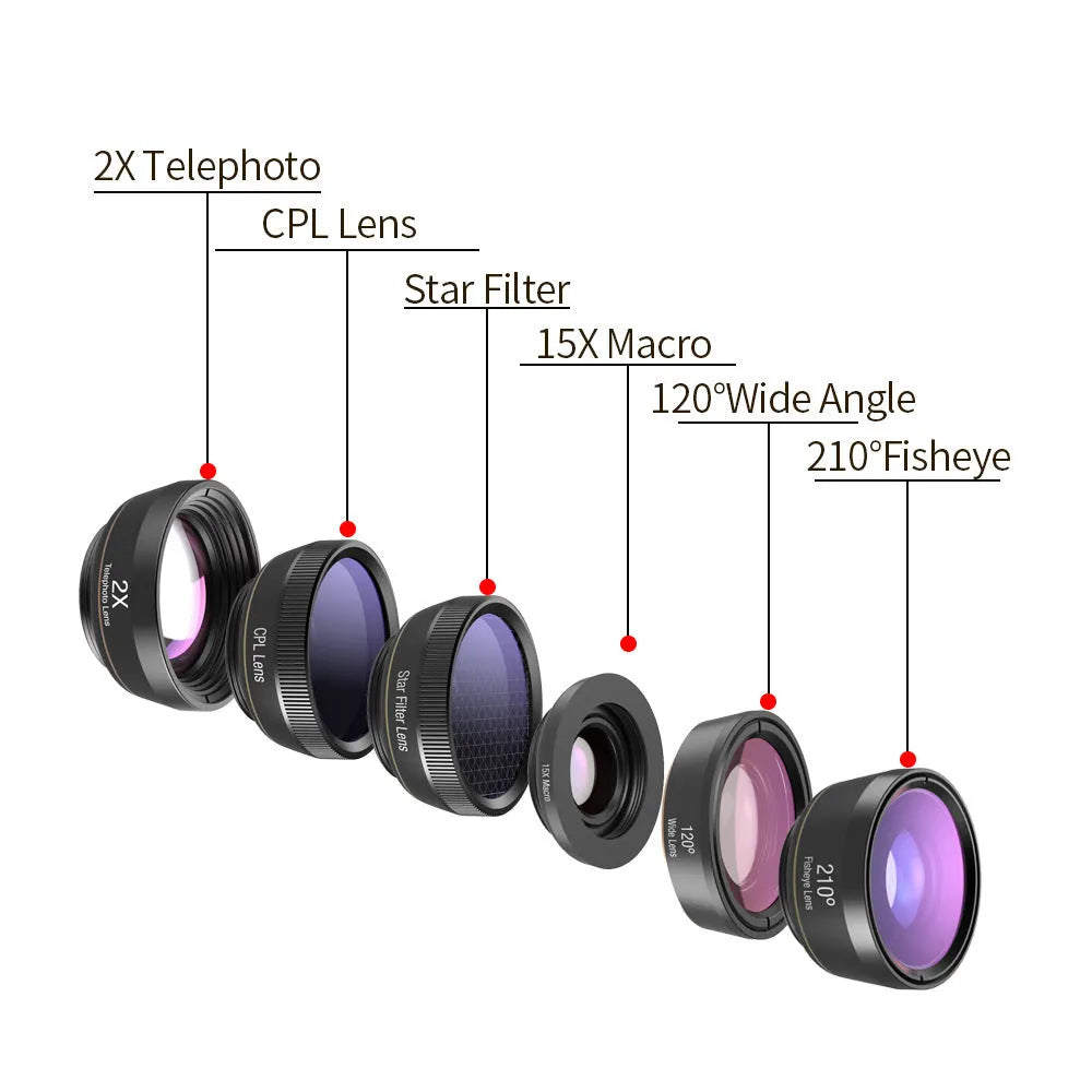 Black 6-in-1 smartphone camera lens kit with fisheye, macro, wide-angle, telephoto, CPL and star filters, case, and universal clip.