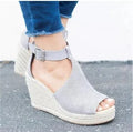 Canvas wedge sandals for women with waterproof platform, fish mouth toe, and slingback buckle in black