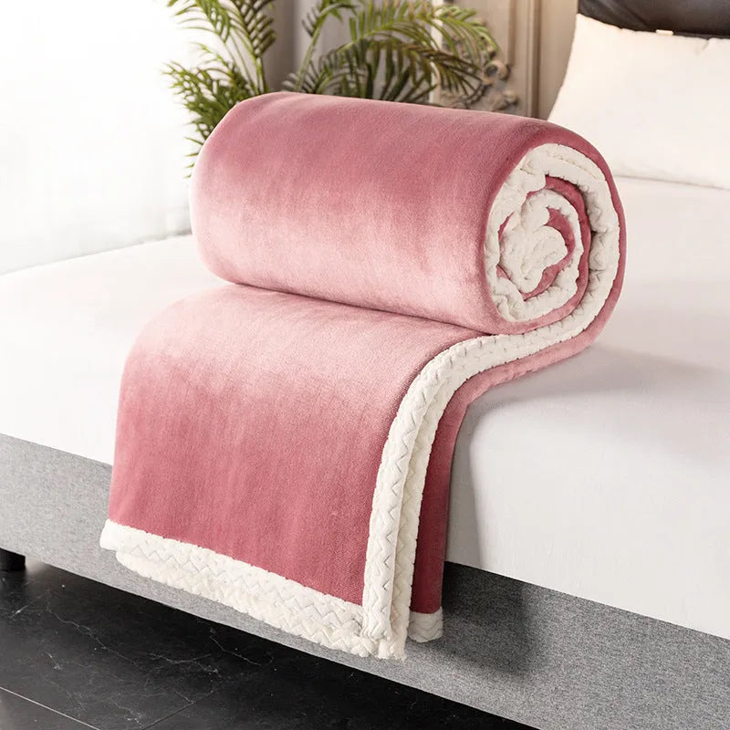 Double fleece blanket in thick 530gsm polyester, plain modern style, shown in blue colour option