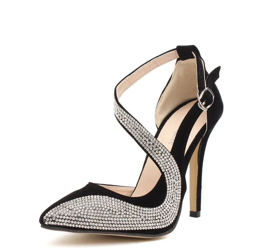 Super high heel rhinestone single shoe in apricot colour with crystal embellishments