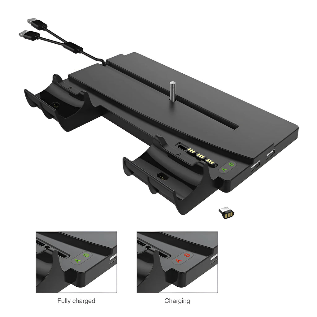 PS5 multi-function charger stand in black with USB cable, holding console and Bluetooth controller