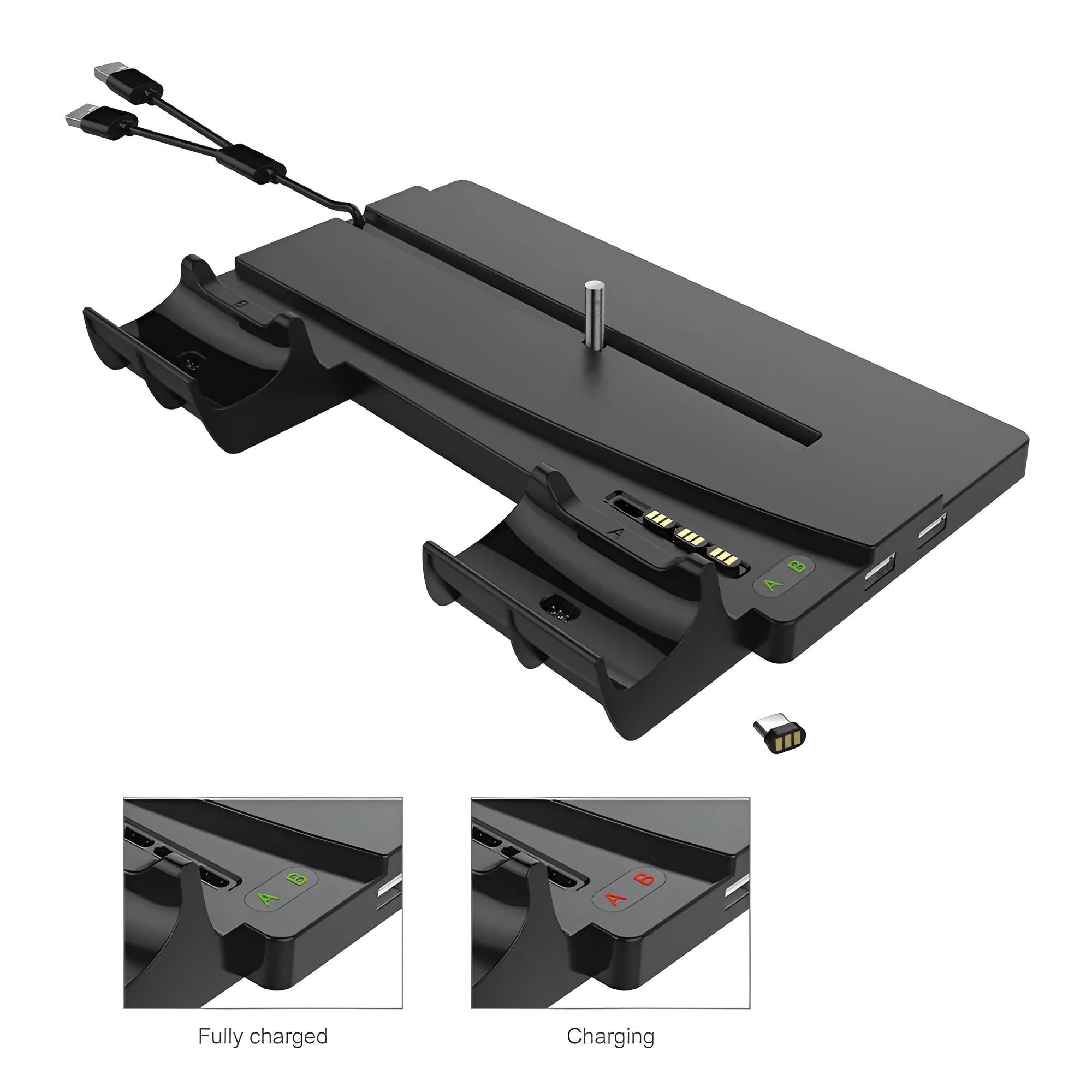 PS5 multi-function charger stand in black with USB cable, holding console and Bluetooth controller