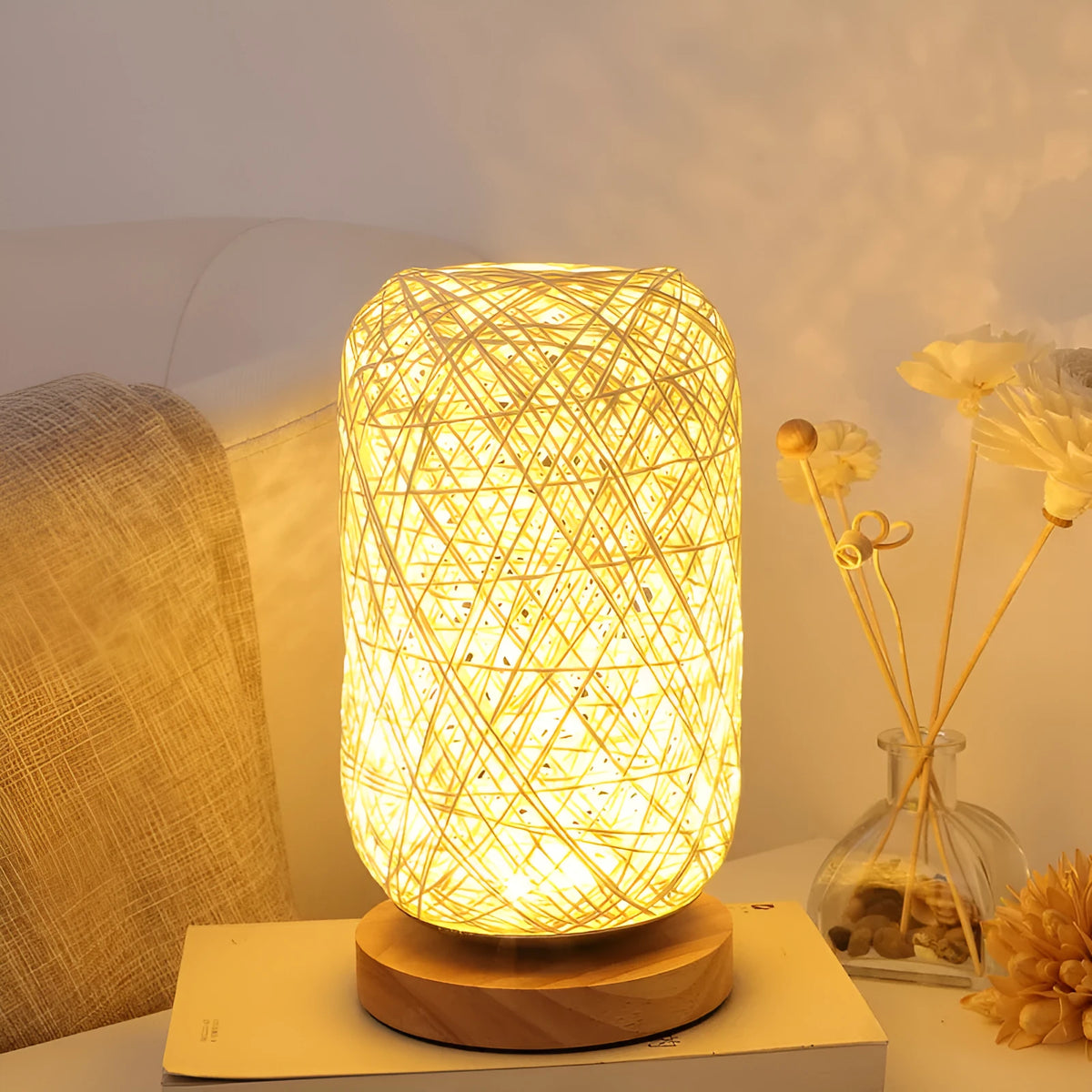 Wooden twine vine bal rechargeable bedside table lamp with warm LED light and beige, brown, optic linen, or blue lampshade.
