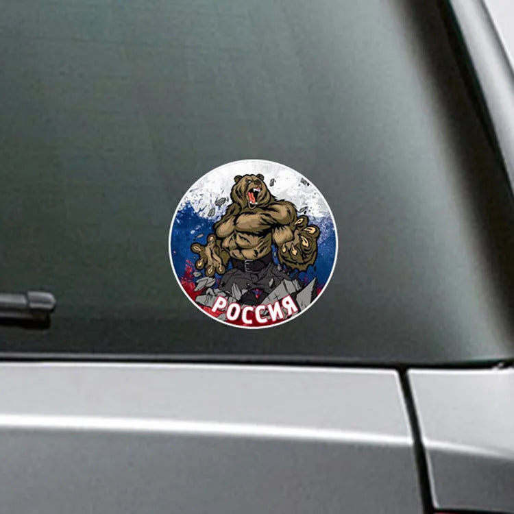 Round PVC reflective Russian bear car sticker in CT0073 colour with 12.5 cm diameter on a vehicle surface