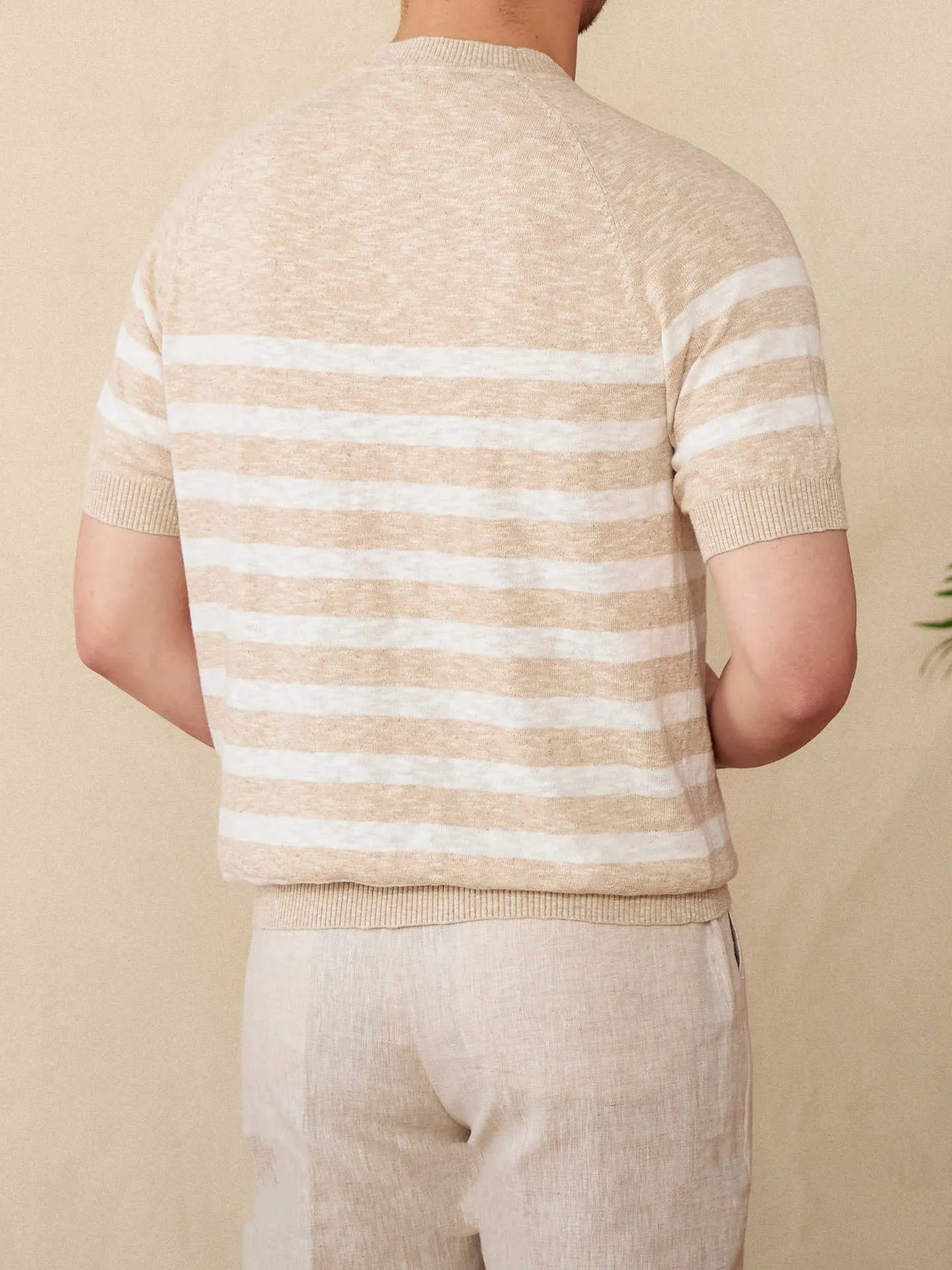 Cotton linen blend striped T-shirt in navy blue with short sleeves and round neck collar