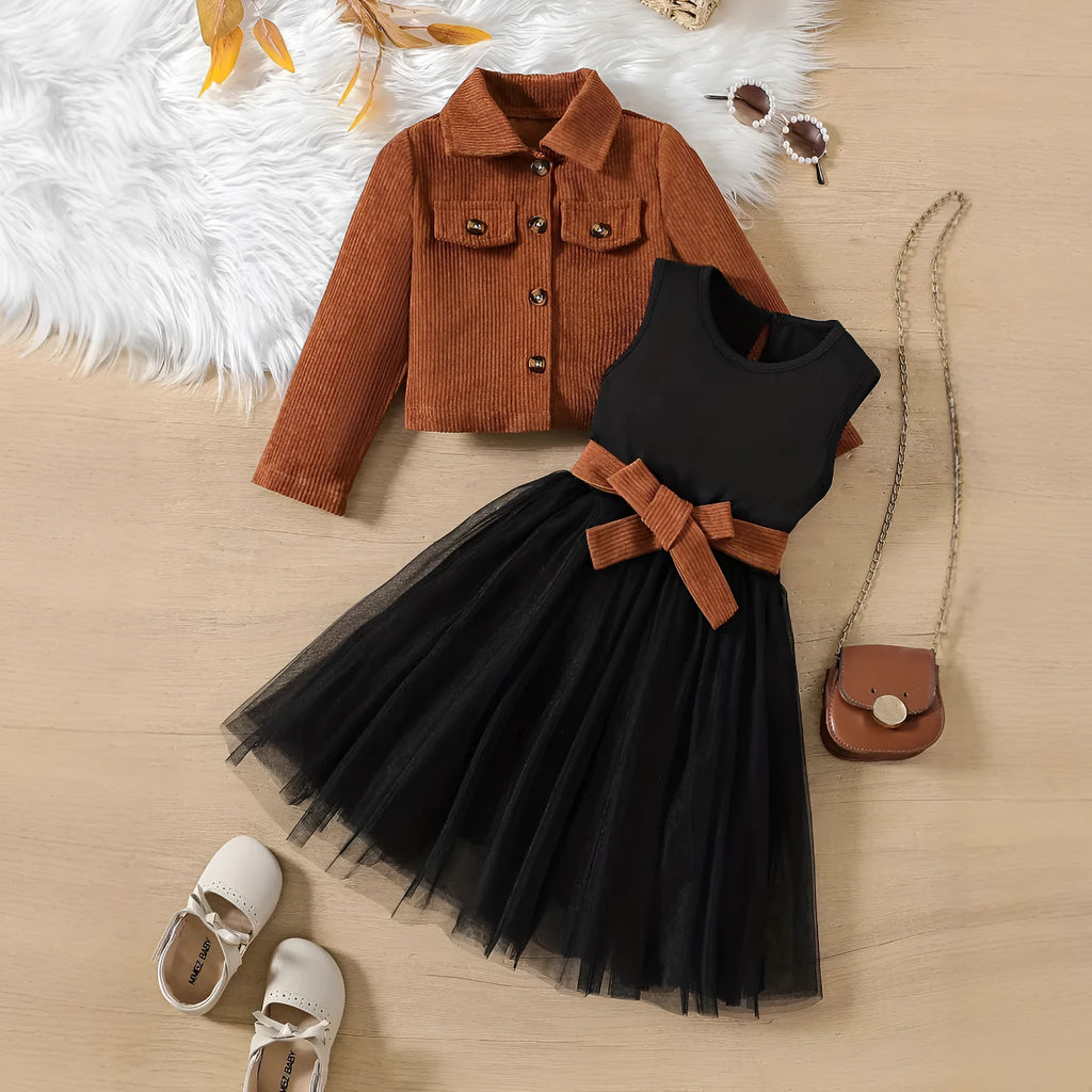 Girls' two-piece formal suit set with long-sleeve jacket and grenadine skirt in striped or solid colour
