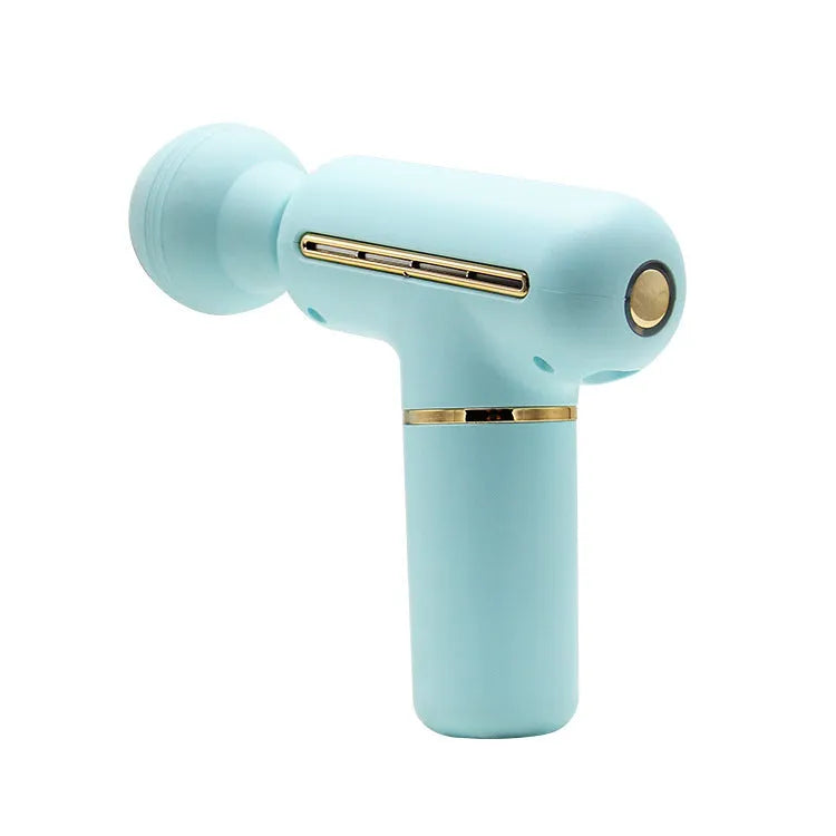 Mini massage gun in green or pink with brushless motor, USB power, 20 x 16.5 x 5.6 cm size, and 327 g weight