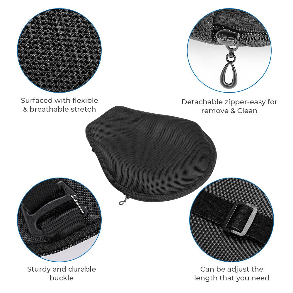 Black motorcycle seat cushion with 3D mesh cover and TPU airbag, L size 30x31 cm