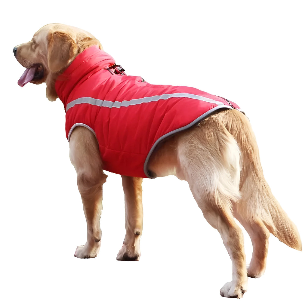 Thickened reversible dog jacket in polyester polar fleece, windproof winter pet coat in blue, red, rose red, or yellow, sizes XL to 6XL.