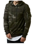 Men's camouflage hoodie in green with belt closure, full sleeves, and hood, casual fit.