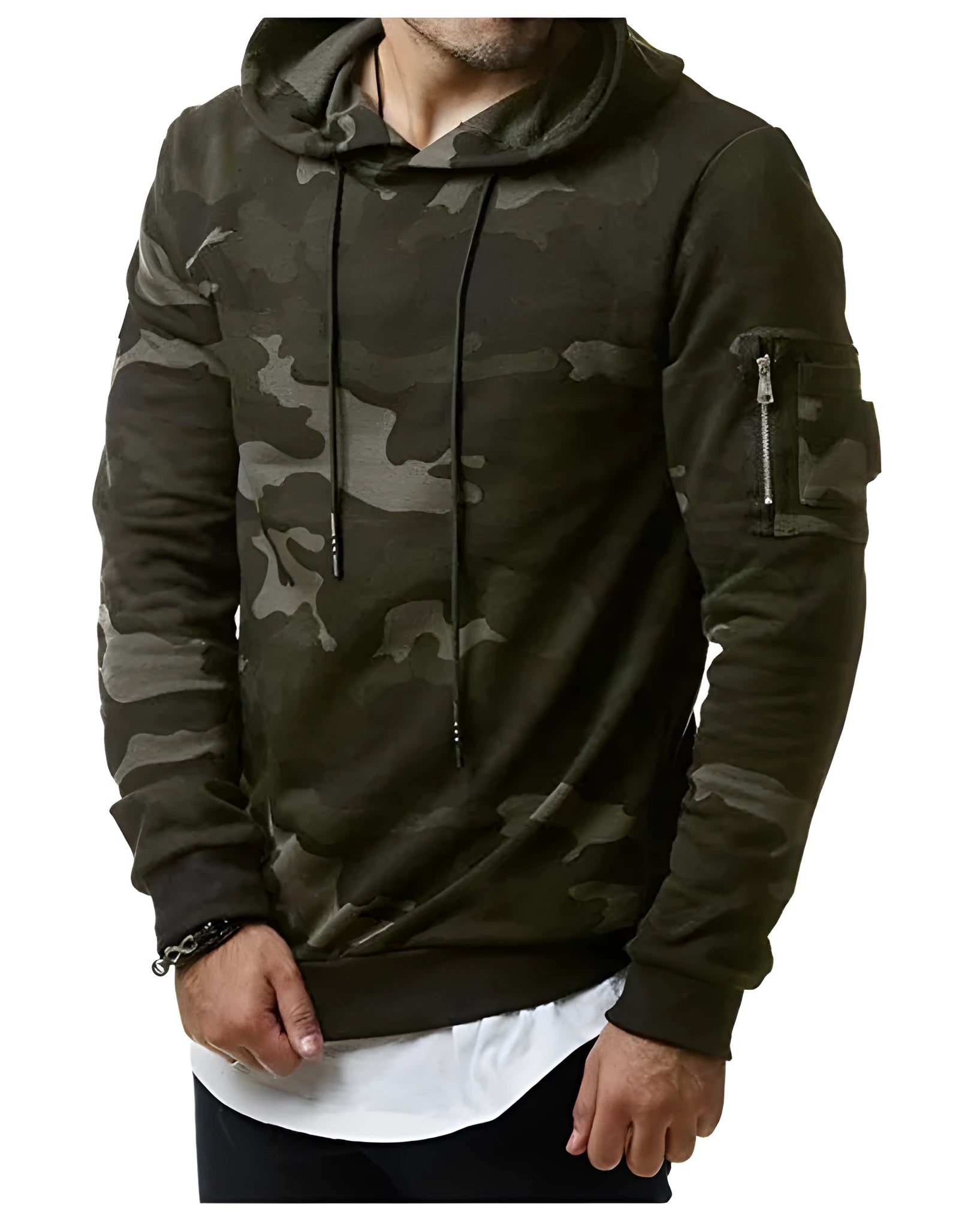 Men's camouflage hoodie in green with belt closure, full sleeves, and hood, casual fit.