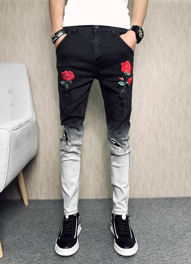 Black high-waist rose-embroidered shredded stretch denim jeans for women