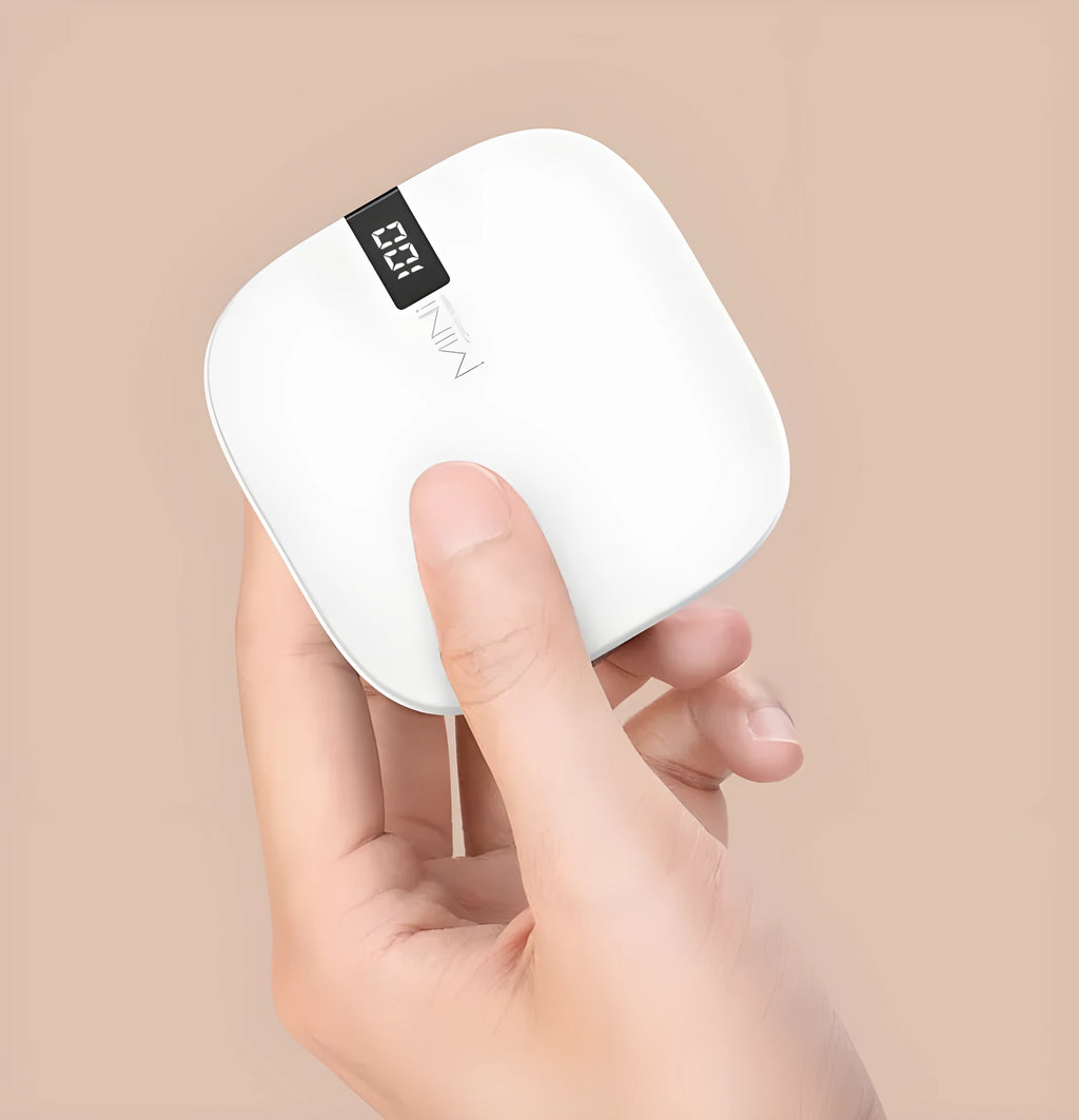 10000 mAh power bank with LCD display in black, compatible with iPhone