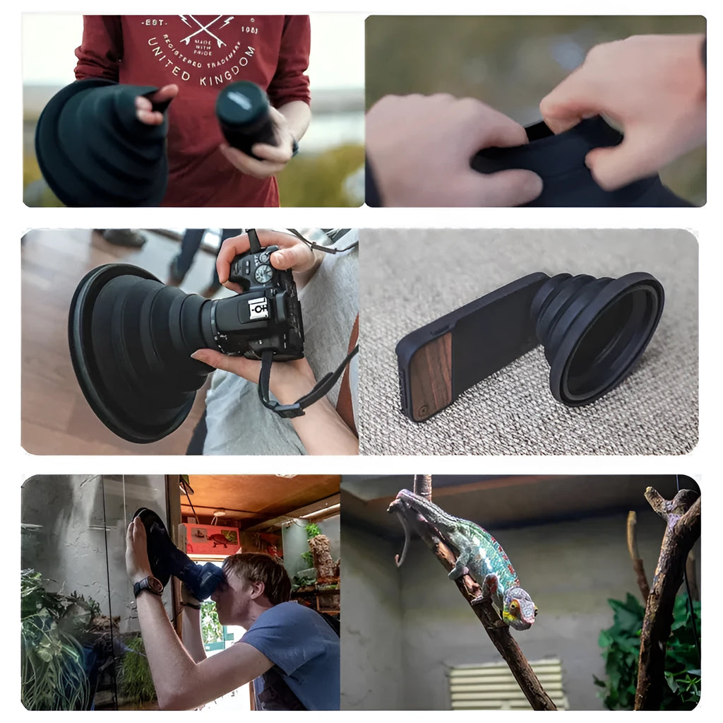 Black conical silicone lens hood shown next to a camera, with dimensions 19cm and 13cm for large and small sizes.