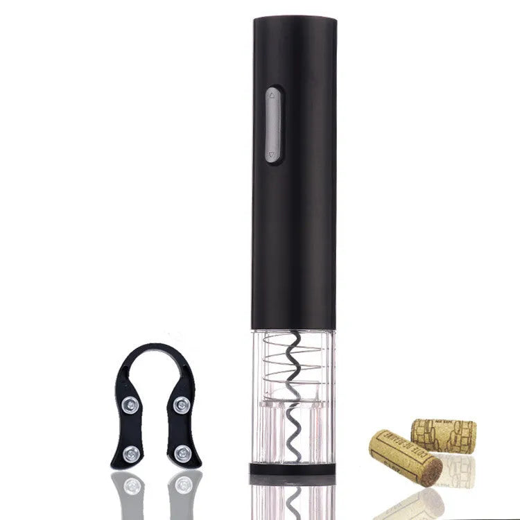 Black automatic electric wine bottle opener with foil cutter on a kitchen counter.