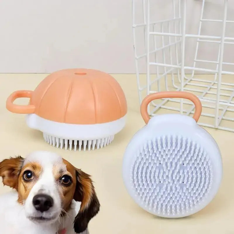 Orange TPR dog bath brush with shampoo dispenser and curved pumpkin grip design