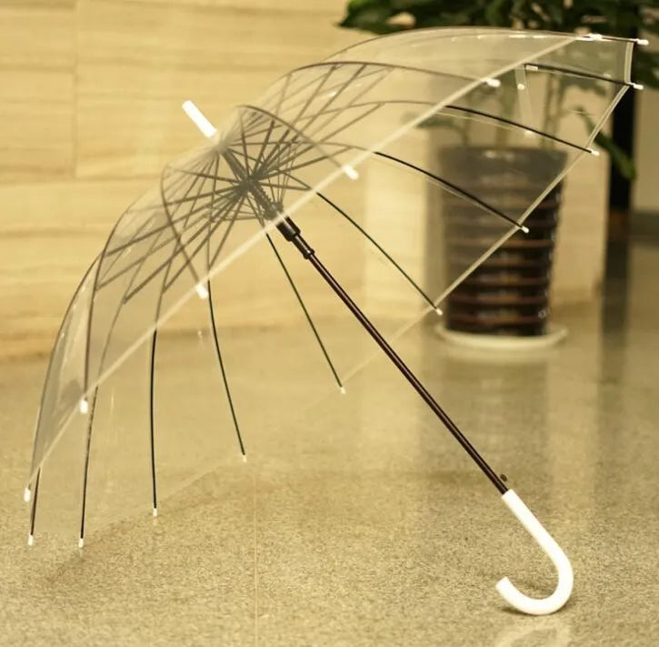 Transparent umbrella with long handle showing 16 rib construction and large canopy